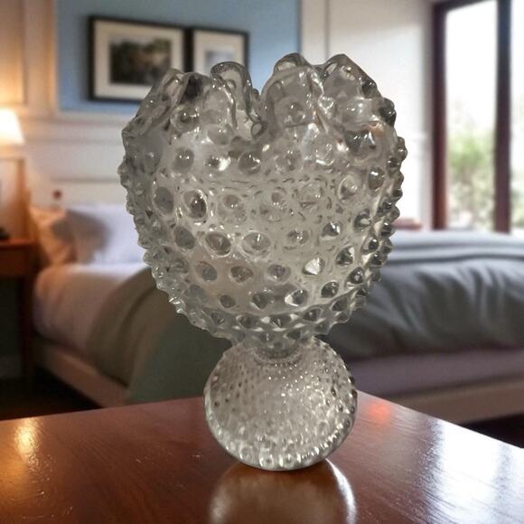 Duncan Miller Hobnail Clear Glass Ivy Bowl /Rose Ball Pedestal Vase Crimped Top - Picture 1 of 12
